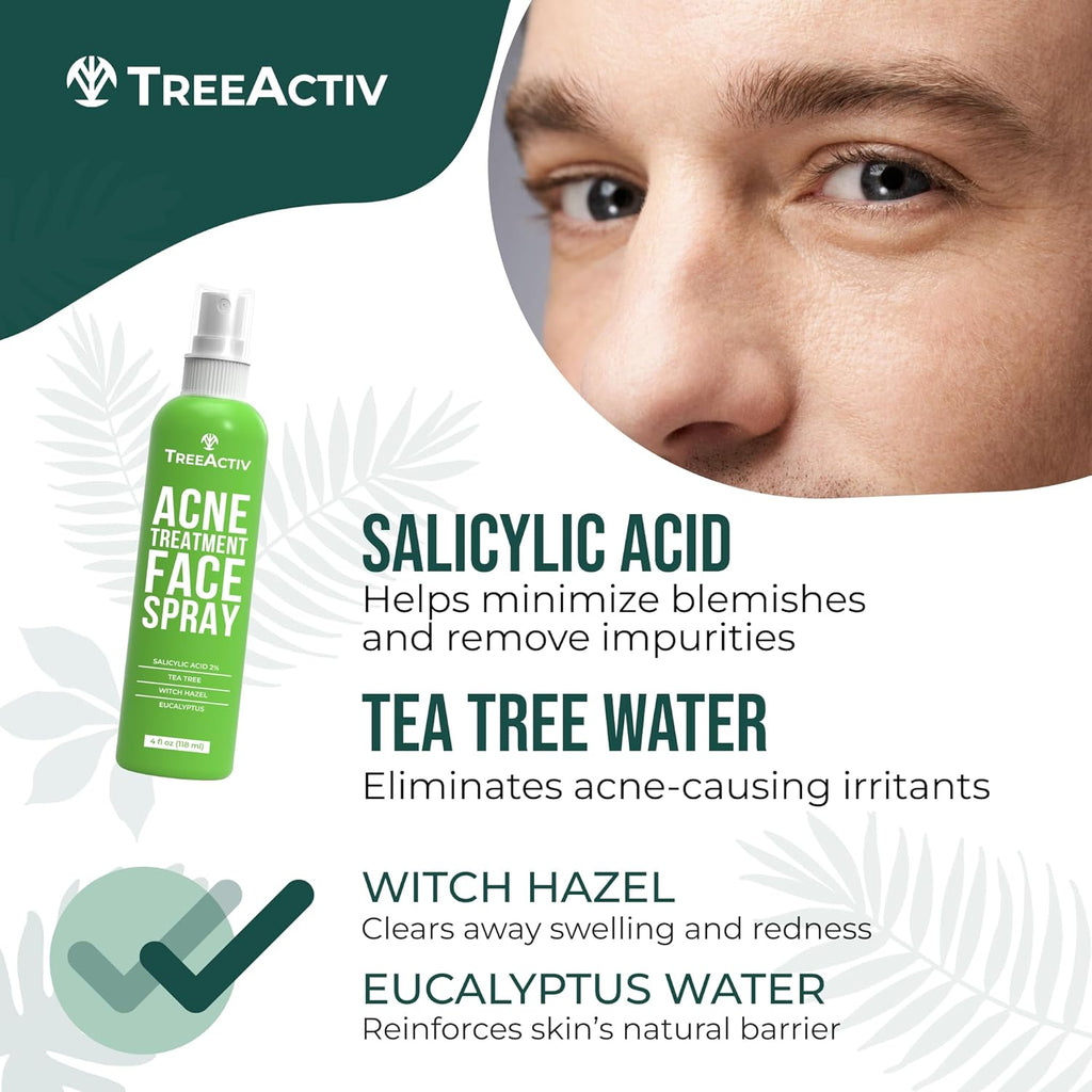 Acne Face Spray, 4 Fl Oz Facial Spray with Witch Hazel, Salicylic Acid for Acne Prone and Oily Skin, for Hormonal, Severe Cystic Acne, Skin Clearing Toner, 1000 Sprays