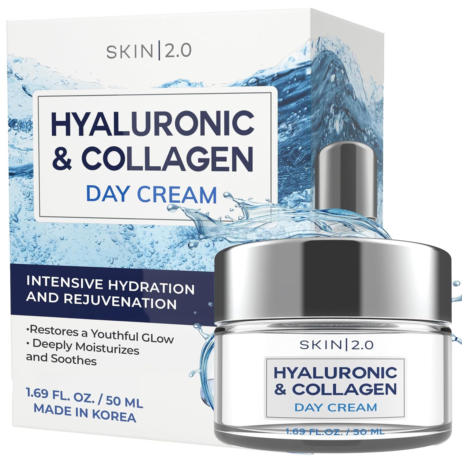 Hyaluronic Acid & Collagen Face Moisturizer – Deep Hydration, Firming & Anti-Aging Day Cream for Dry Skin – Dermatologist Tested, Korean Skin Care for All Skin Types, Clean Beauty – 1.69 Oz