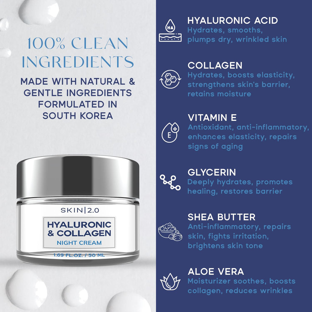 Hyaluronic & Collagen Face Moisturizer – Deep Hydration & Firming Night Cream for Dry or Dull Skin – Dermatologist Tested, anti Aging, Korean Skin Care, Vegan, Clean Beauty – 1.69 Fl Oz