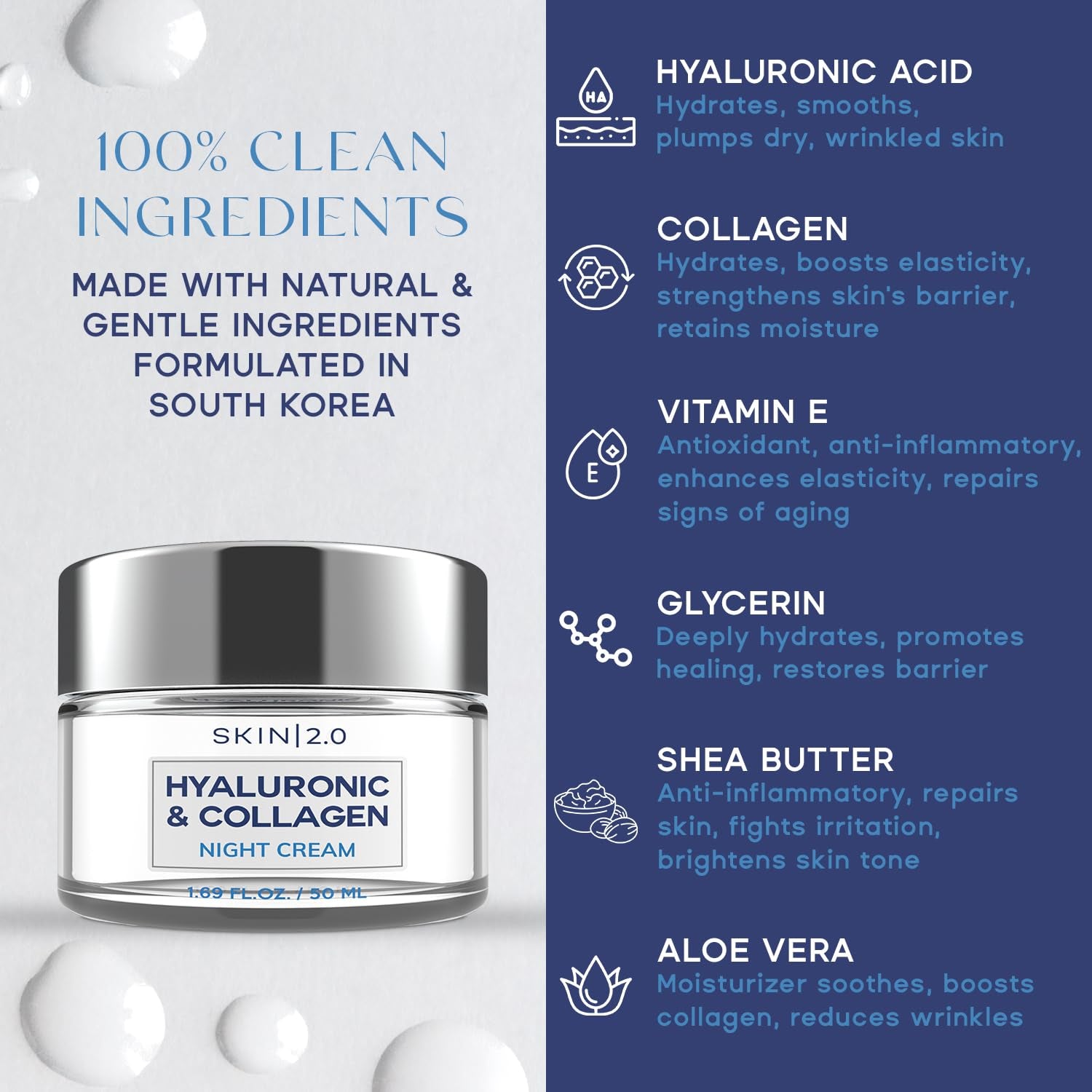 Hyaluronic & Collagen Face Moisturizer – Deep Hydration & Firming Night Cream for Dry or Dull Skin – Dermatologist Tested, anti Aging, Korean Skin Care, Vegan, Clean Beauty – 1.69 Fl Oz