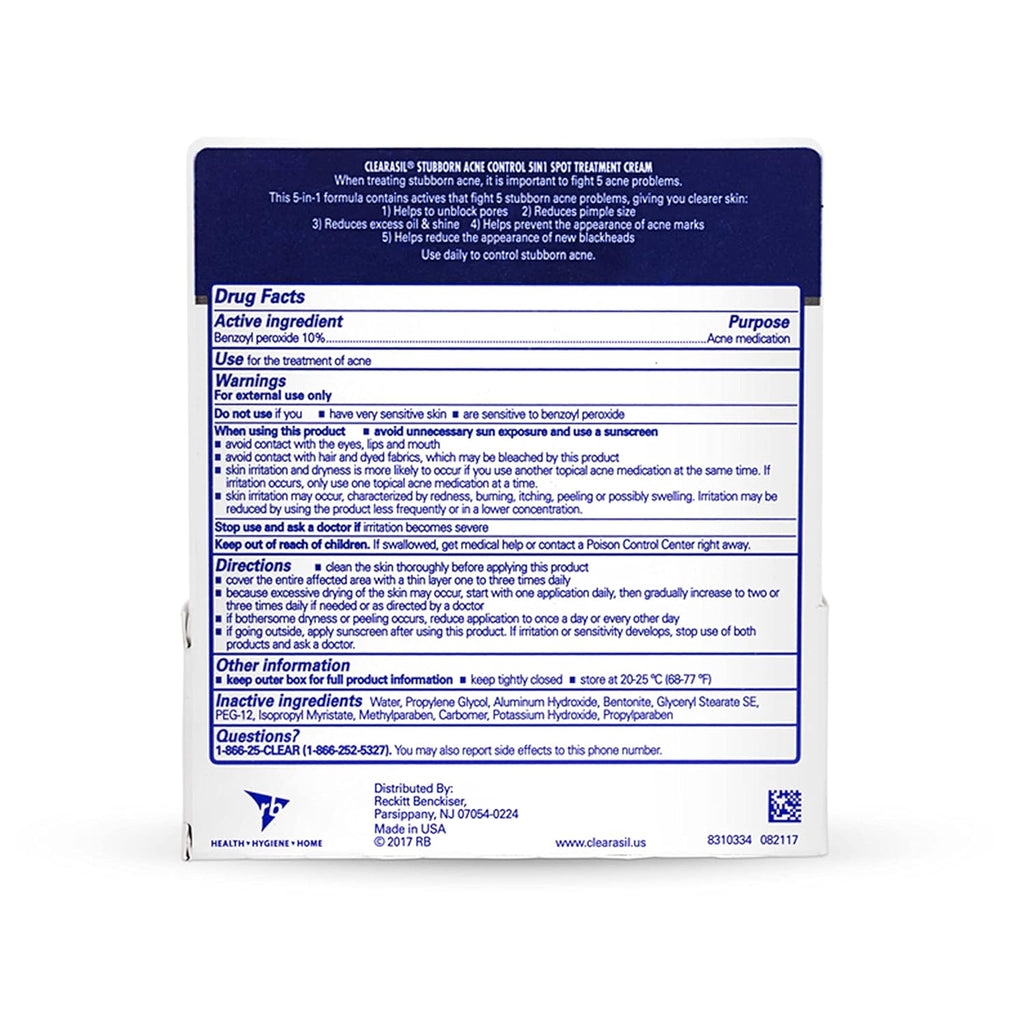 Stubborn Acne Control 5In1 Spot Treatment Cream, Maximum Strenght with 10% Benzoyl Peroxide, Acne Medication, 1 Oz