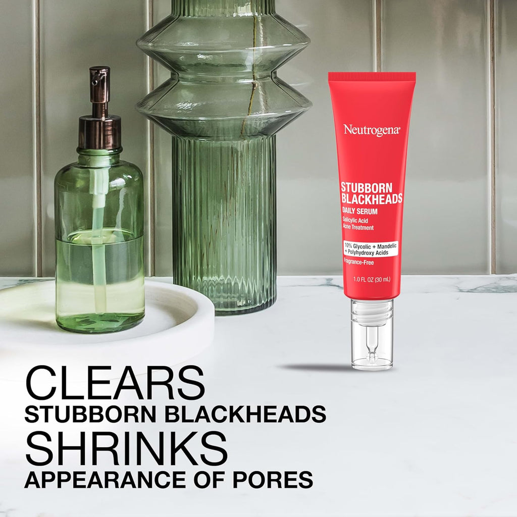 Stubborn Blackheads Daily Acne Facial Serum with Salicylic, Glycolic, Polyhydroxy & Mandelic Acids, Oil-Free Face Serum for Acne-Prone Skin to Help Clear Clogged Pores, 1 Fl. Oz