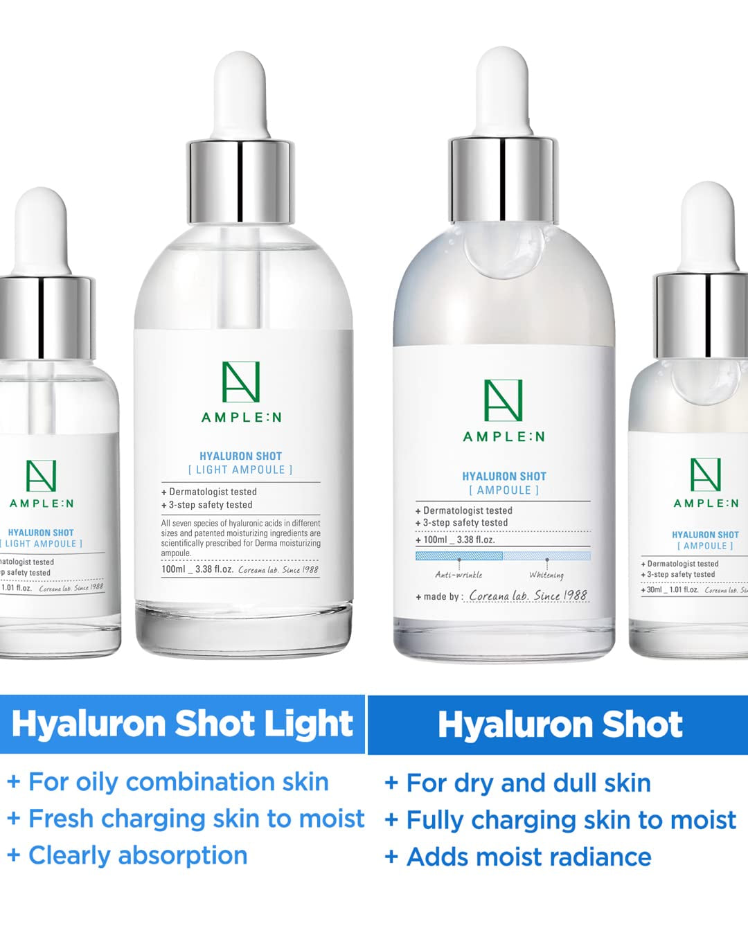 AMPLE:N Hyaluron Shot Light Serum - Korean Hyaluronic Acid Moisturizing Serum - Hydrate Oily and Combination Skin and Restore Vitality – Plumping, Refreshing, anti Aging Ampoule, 3.38 Fl.Oz.